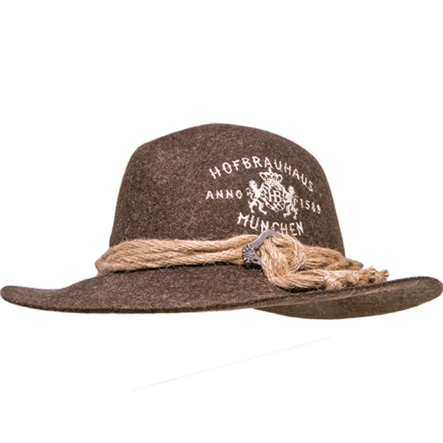 Brauner HB Uralpler-Hut aus Filz mit Stickerei 'Hofbräuhaus München Anno 1589' und dekorativem Seilband.