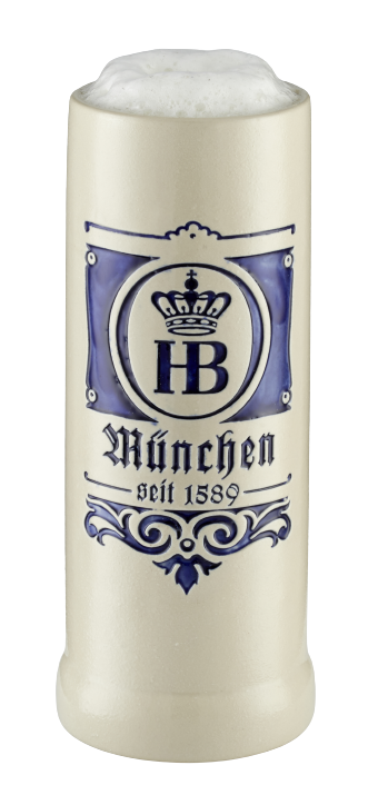 Hofbräuhaus Steinkrug mit blauem HB-Logo, Schriftzug ‚München seit 1589‘ und Schaumkrone als Detail