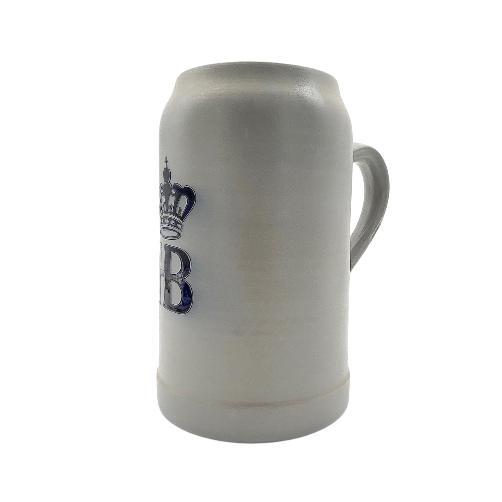 Großer Bierkrug aus Stein mit dunkelblauem Hofbräuhaus-Logo und Krone.