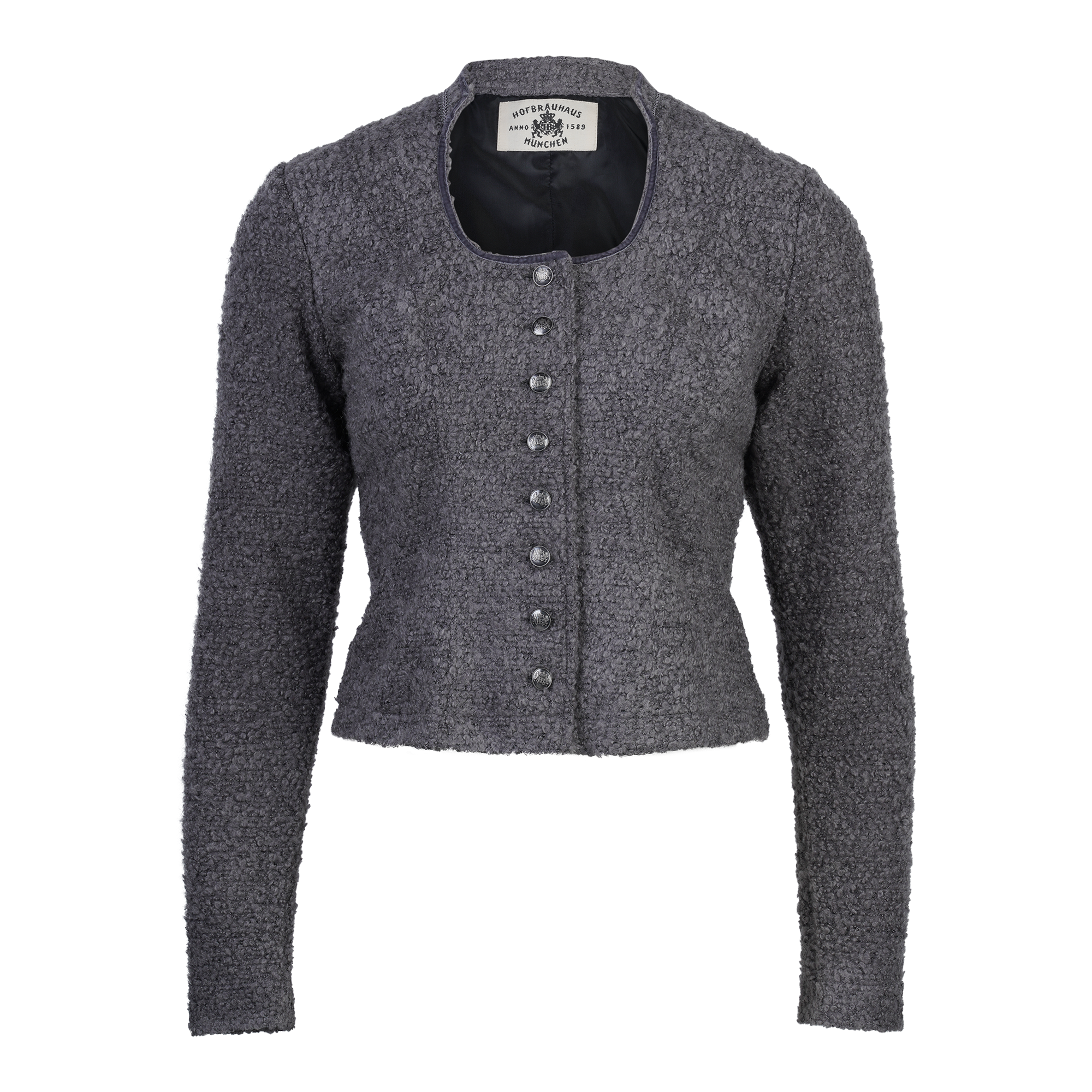 Dunkelgraue, taillierte Strickjacke mit Rundhalsausschnitt und dekorativen silberfarbenen Knöpfen in Trachtenstil.