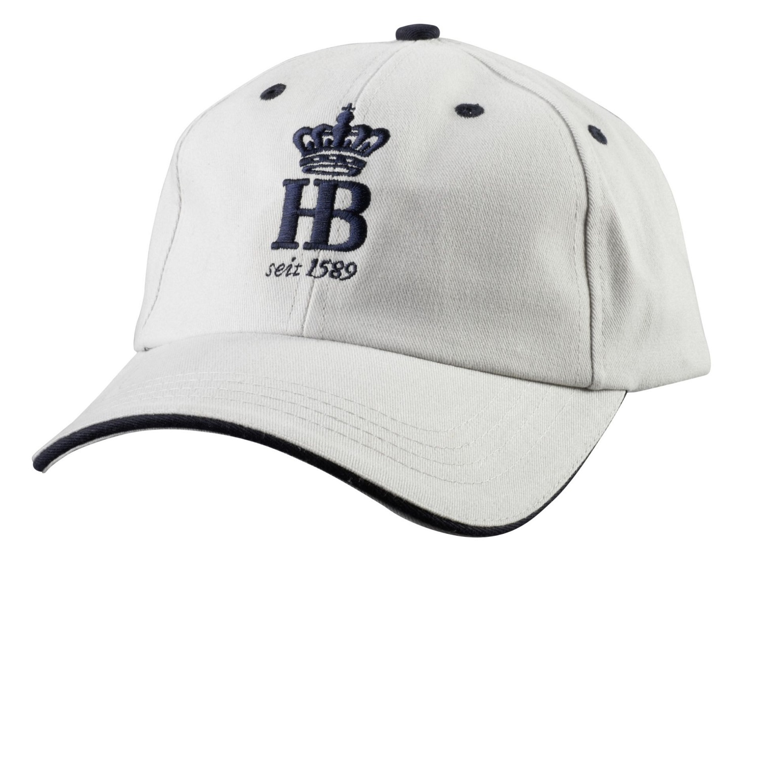 Beige Baseballcap mit dunkelblauer Stickerei des HB-Logos, Krone und Schriftzug 'seit 1589' auf der Vorderseite