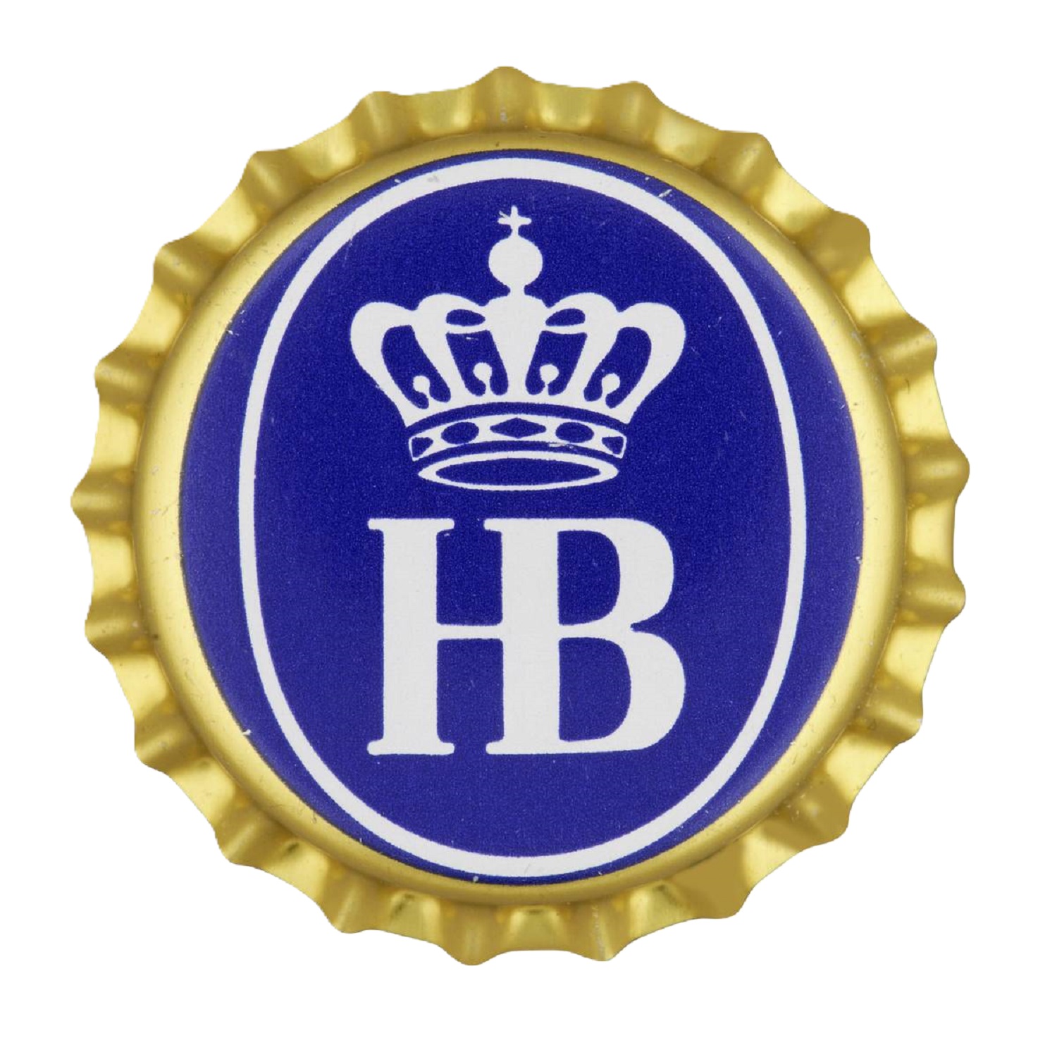 Goldfarbener Magnet in Form eines Kronkorkens mit blauem HB-Logo und Krone