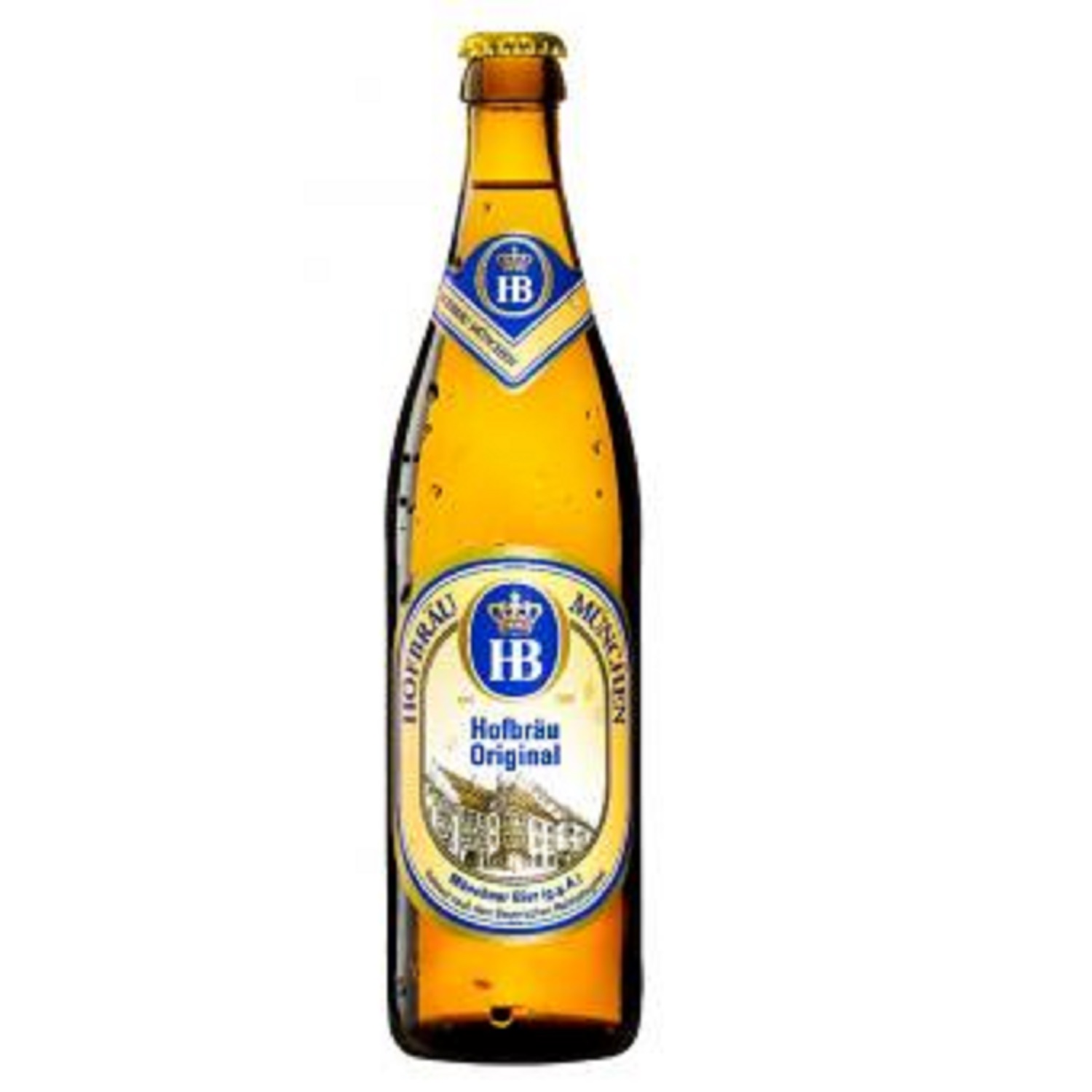 0,5 Liter Flasche Hofbräu Original mit blau-goldenem Etikett und HB-Logo