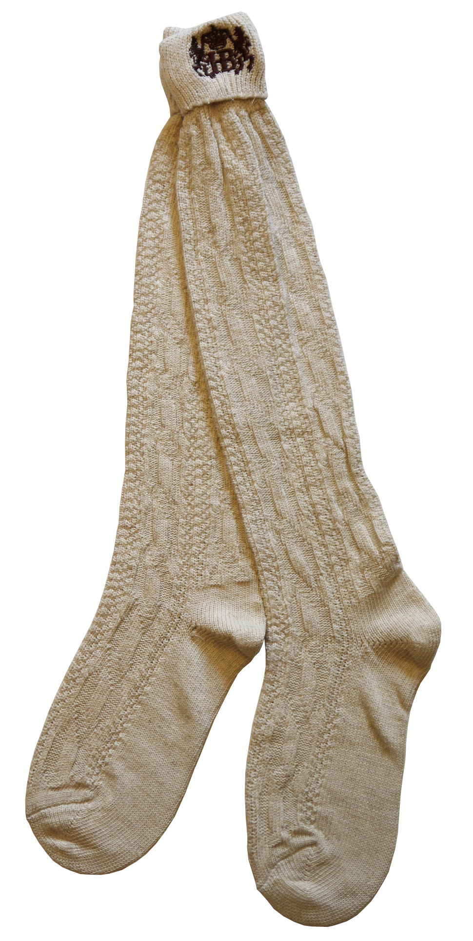Traditionelle beige Trachtensocken mit Strickmuster und eingearbeitetem Hofbräuhaus-Logo am Bund.