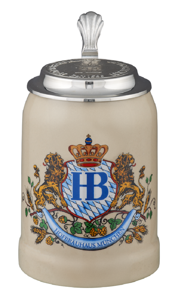 Hofbräuhaus Steinkrug 0,5 l mit farbigem Löwendekor, blau-weißem Rautenmuster und Zinndeckel.