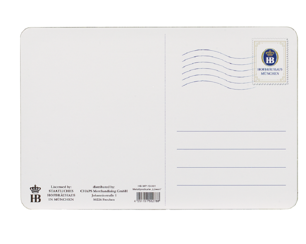Rückseite einer Hofbräuhaus München Postkarte mit vorgedrucktem HB-Logo als Briefmarke und Linien für Adresse.