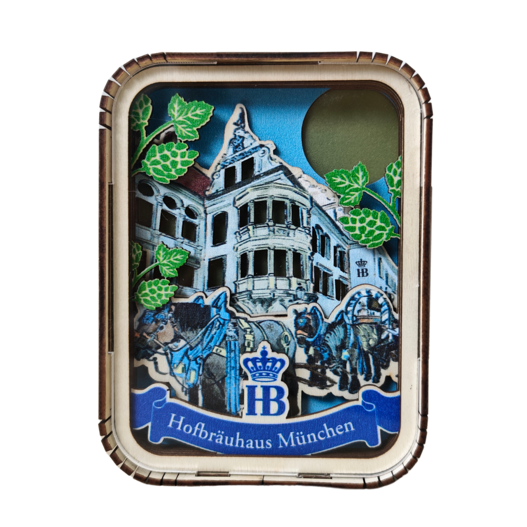 rechteckige LED-Holz-Lampe mit 3D Hofbräuhaus un Mond, unbeleuchtet