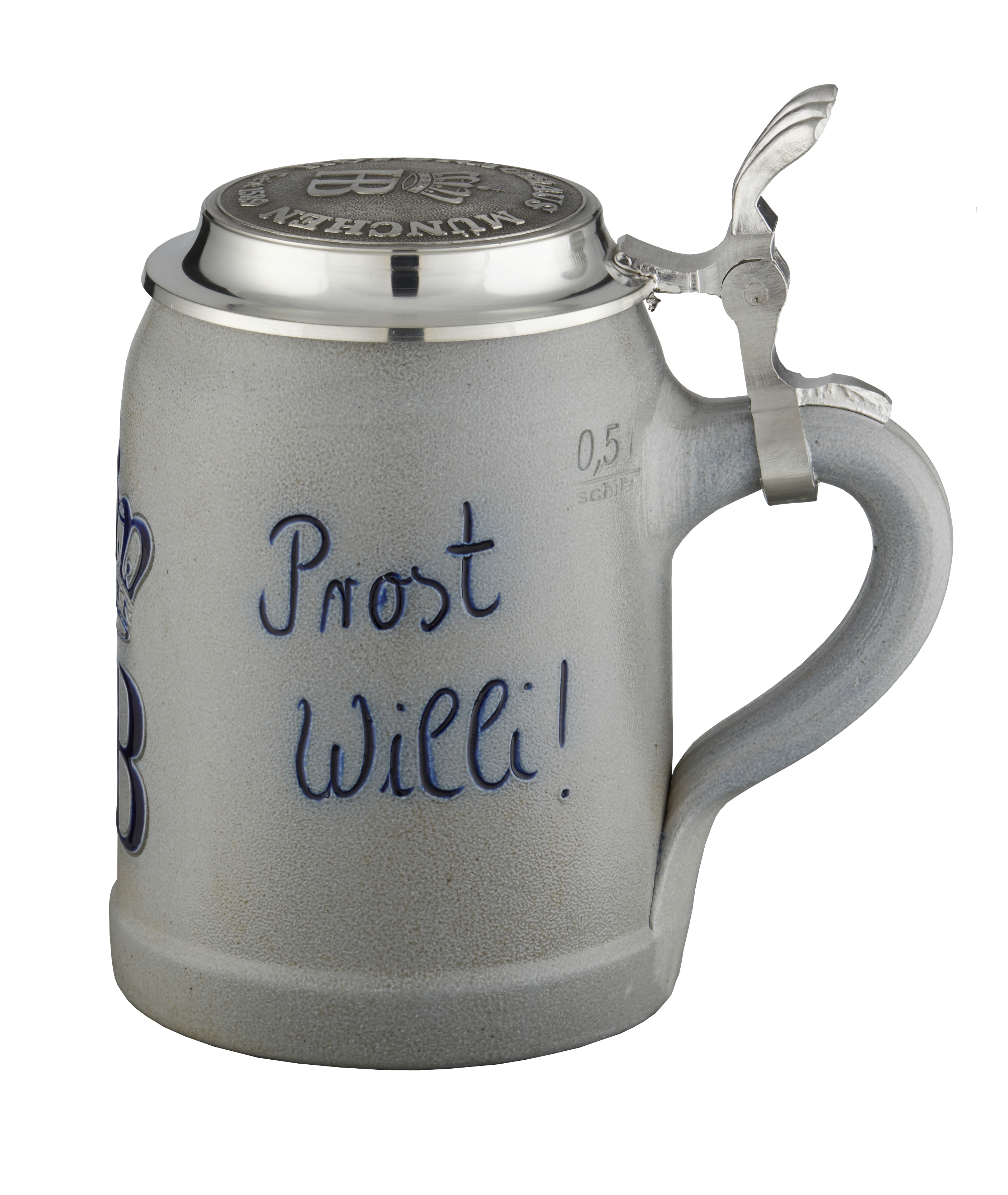 Personalisierter Steinkrug mit Salzglasur, 0,5 Liter, mit Zinndeckel und Gravur 