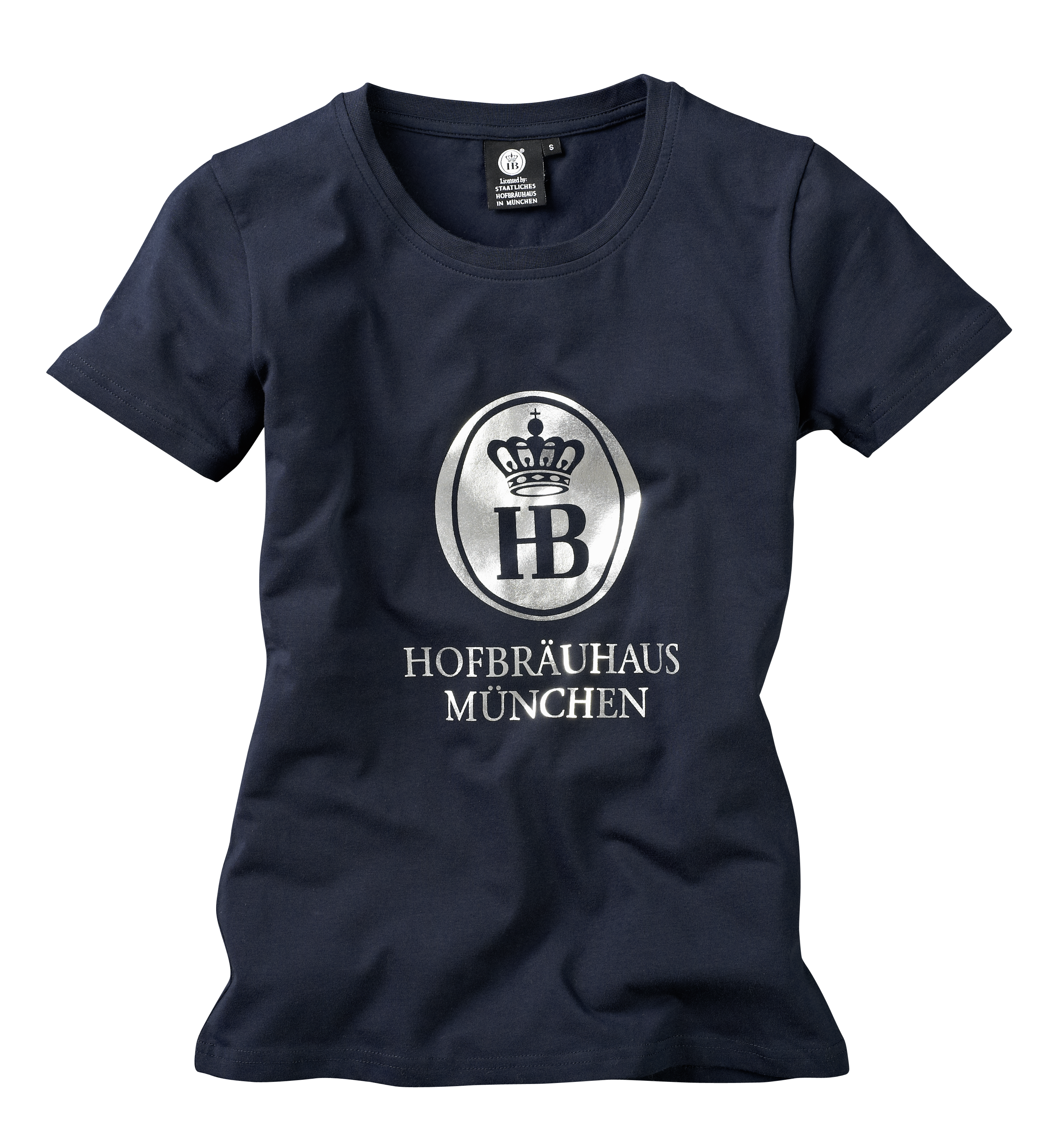 Dunkelblaues T-Shirt mit rundem Ausschnitt und silbernem Hofbräuhaus München Logo auf der Vorderseite, freigestellt auf transparentem Hintergrund.