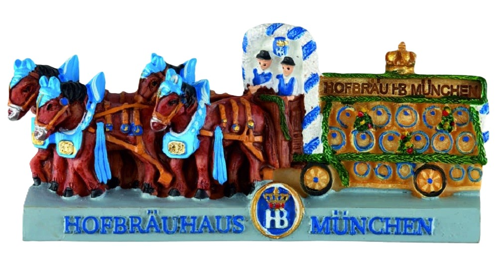 Magnet mit Hofbräuhaus München Pferdegespann und geschmücktem Bierwagen