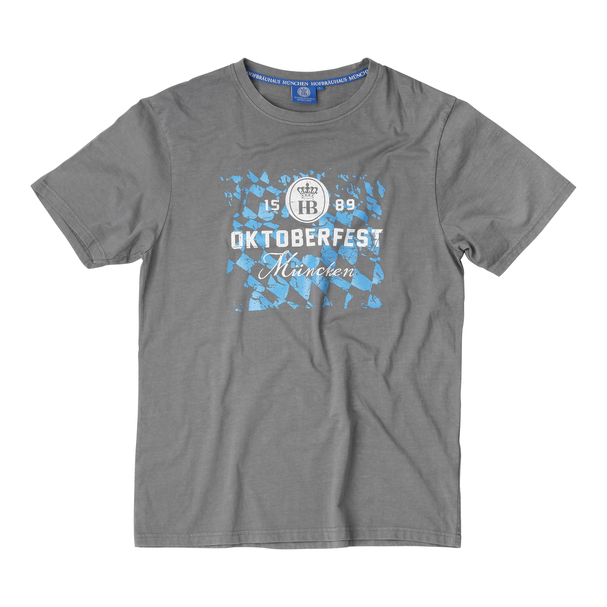 Graues T-Shirt mit blau-weißem Oktoberfest-Design und Hofbräuhaus-München-Logo.