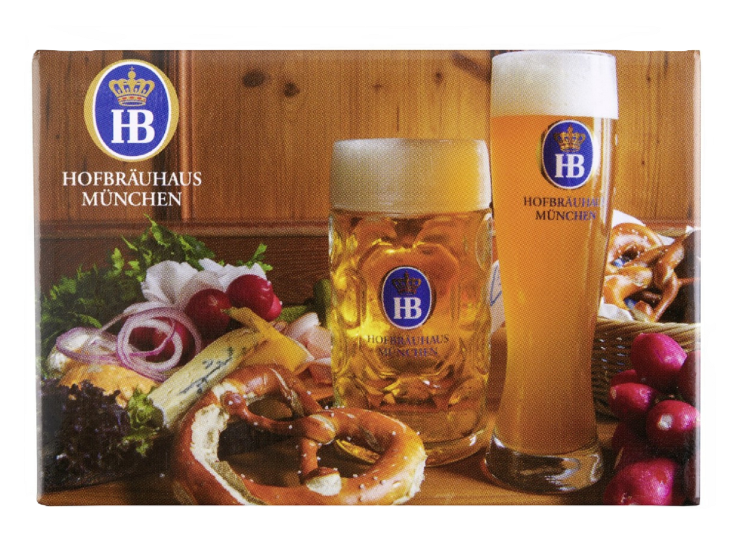 Fotomagnet-Brotzeitstilleben mit Weißbier, Maß , Brezen und Käse, Radi