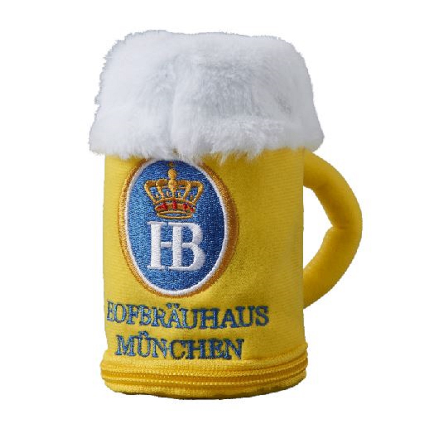 Gelbe HB-Einkaufstasche in Form eines Bierseidel mit Schaumstoffschaum-Optik, Henkel und Hofbräuhaus München Logo, zusammengefaltet und verpackt