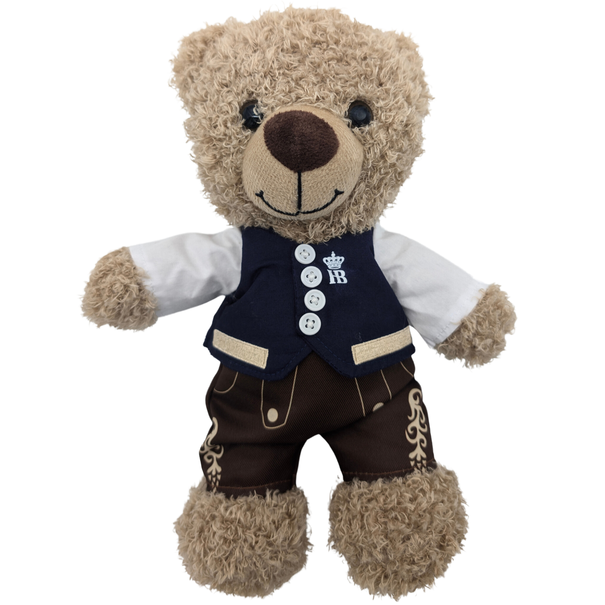 Teddybär in traditioneller bayerischer Tracht mit weißem Hemd, blauer Trachten-Weste und brauner Lederhose 