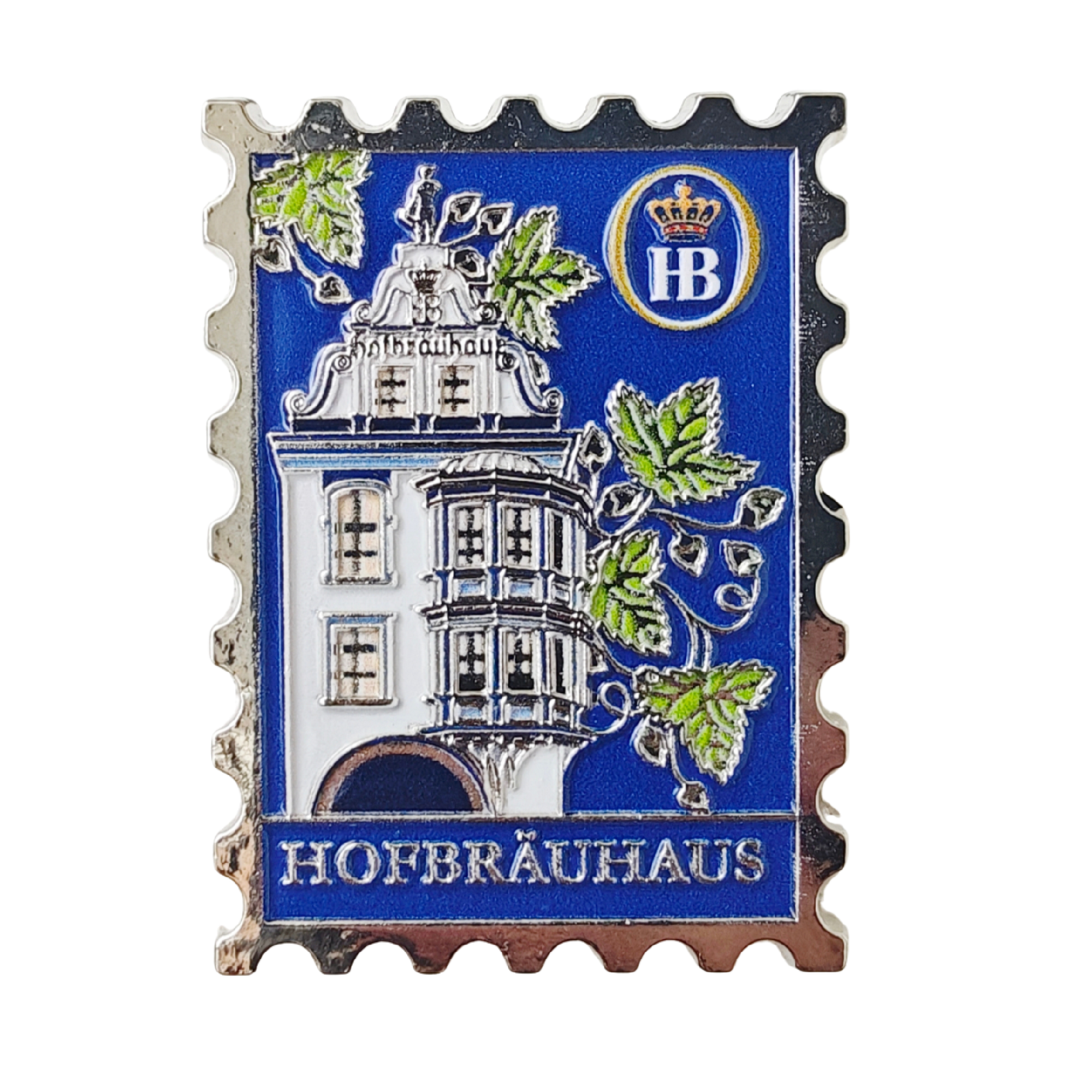 „Pin in Form einer Briefmarke mit Illustration des Hofbräuhauses in München, blau-weiß-goldenes Design mit der Aufschrift ‚Hofbräuhaus‘.“