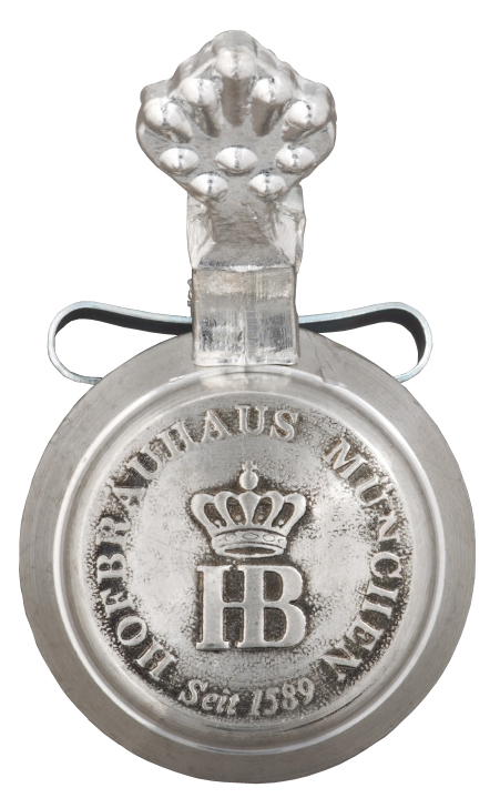 Metall-Klappdeckel von oben, mit eingeprägtem Hofbräuhaus-Logo, Krone und Schriftzug 'Hofbräuhaus München – seit 1589