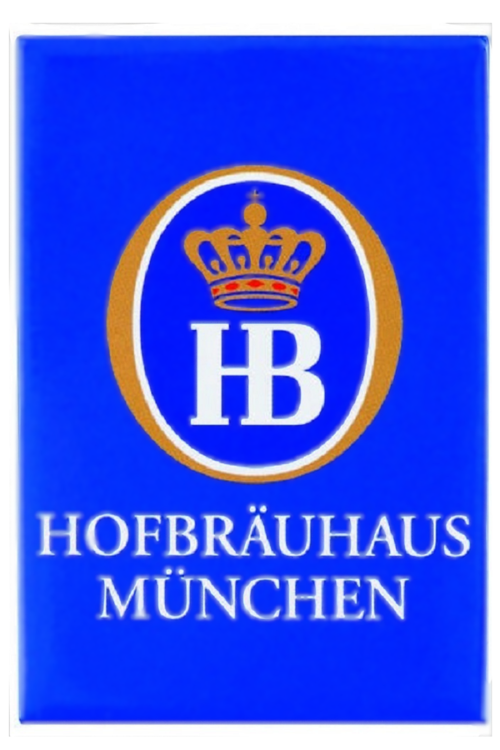 Rechteckiger Magnet in Blau mit dem klassischen Hofbräuhaus München Logo in Weiß, Gold und Rot.