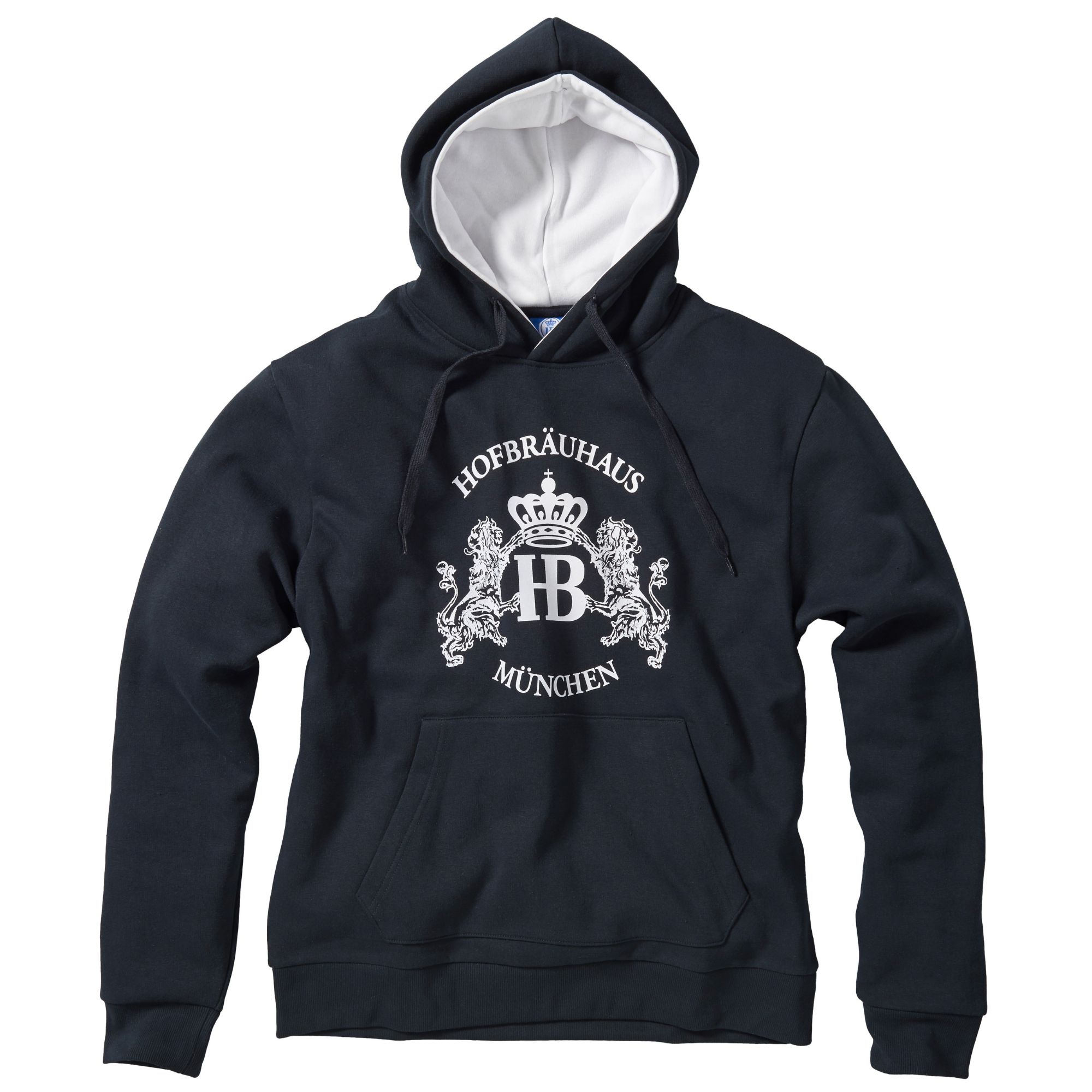 „Marineblauer Hoodie mit weißem Innenfutter in der Kapuze. Auf der Vorderseite befindet sich das HB-Logo mit zwei Löwen und Schriftzug Hofbräuhaus München.“