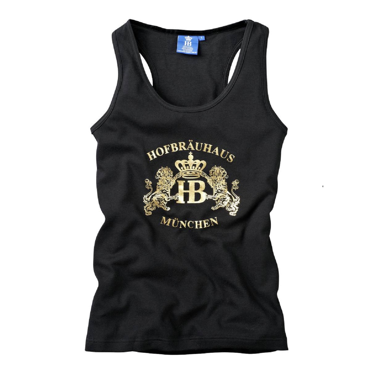 Damentanktop in schwarz mit goldenem Löwen-HB-Logo auf Brust