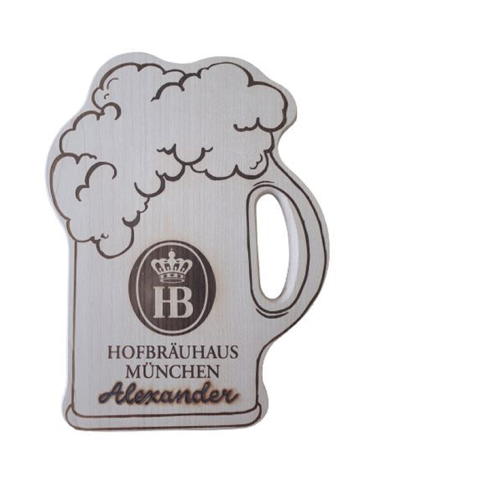 Holzbrett in Maßkrugform mit Hofbräuhaus München Logo und individuellem Namensaufdruck.