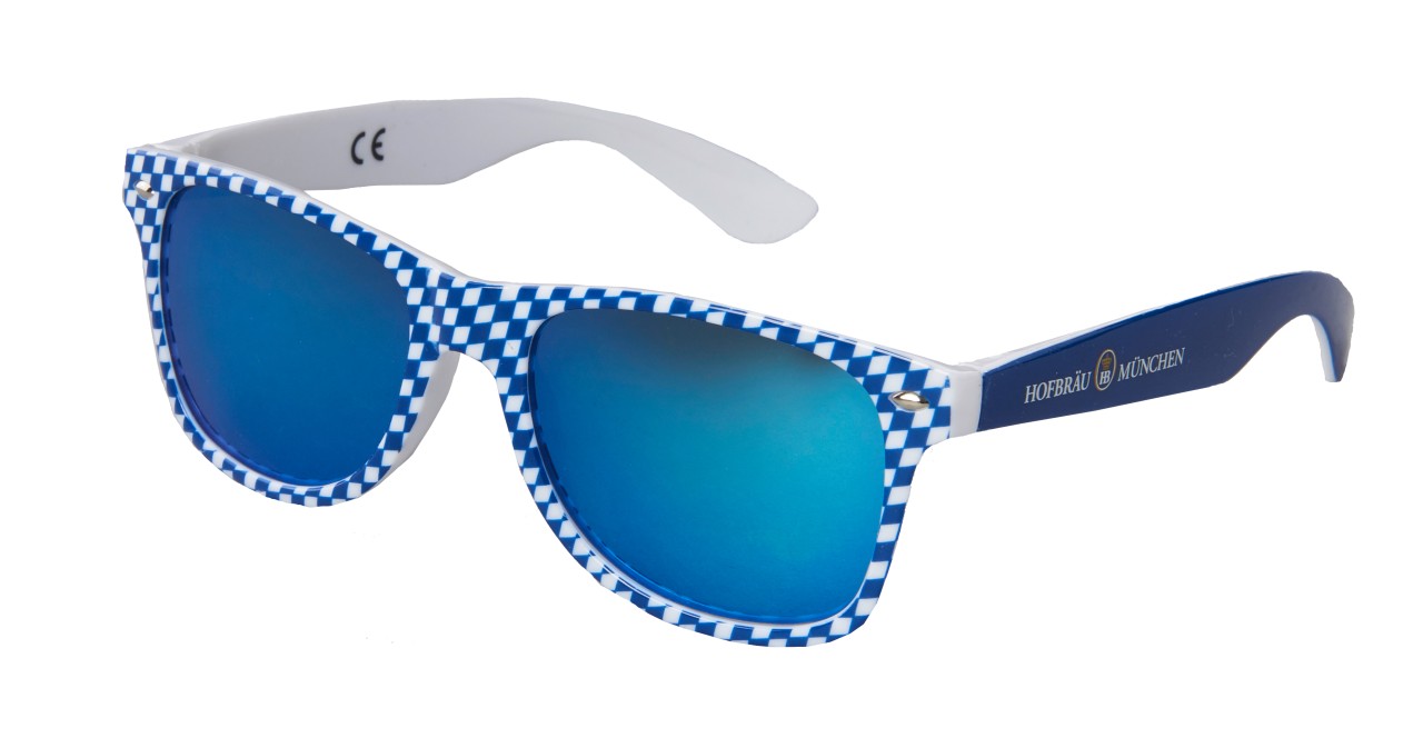 Sonnenbrille mit blau-weißem Rautenmuster, blauen Gläsern und Hofbräuhaus München Logo.