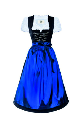 Traditionelles Dirndl mit schwarzem Mieder, weißer Bluse und glänzender blauer Schürze, vorne mit Schnürung verziert