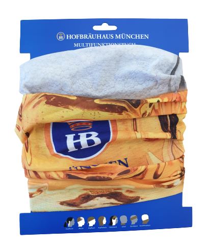 Multifunktionstuch im Maßkrug-Design mit Hofbräuhaus München Logo, verpackt auf blauem Trägerkarton.