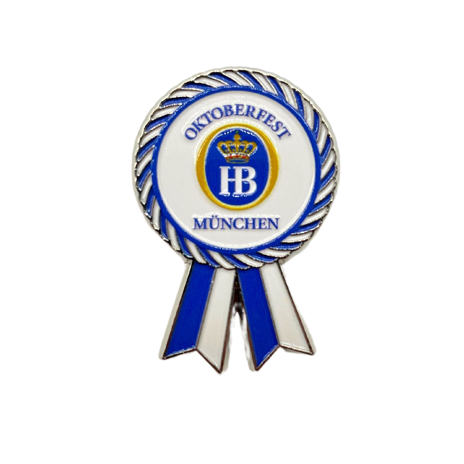 Ansteckpin in Form einer blau-weißen Oktoberfest-Rosette mit HB München Logo.