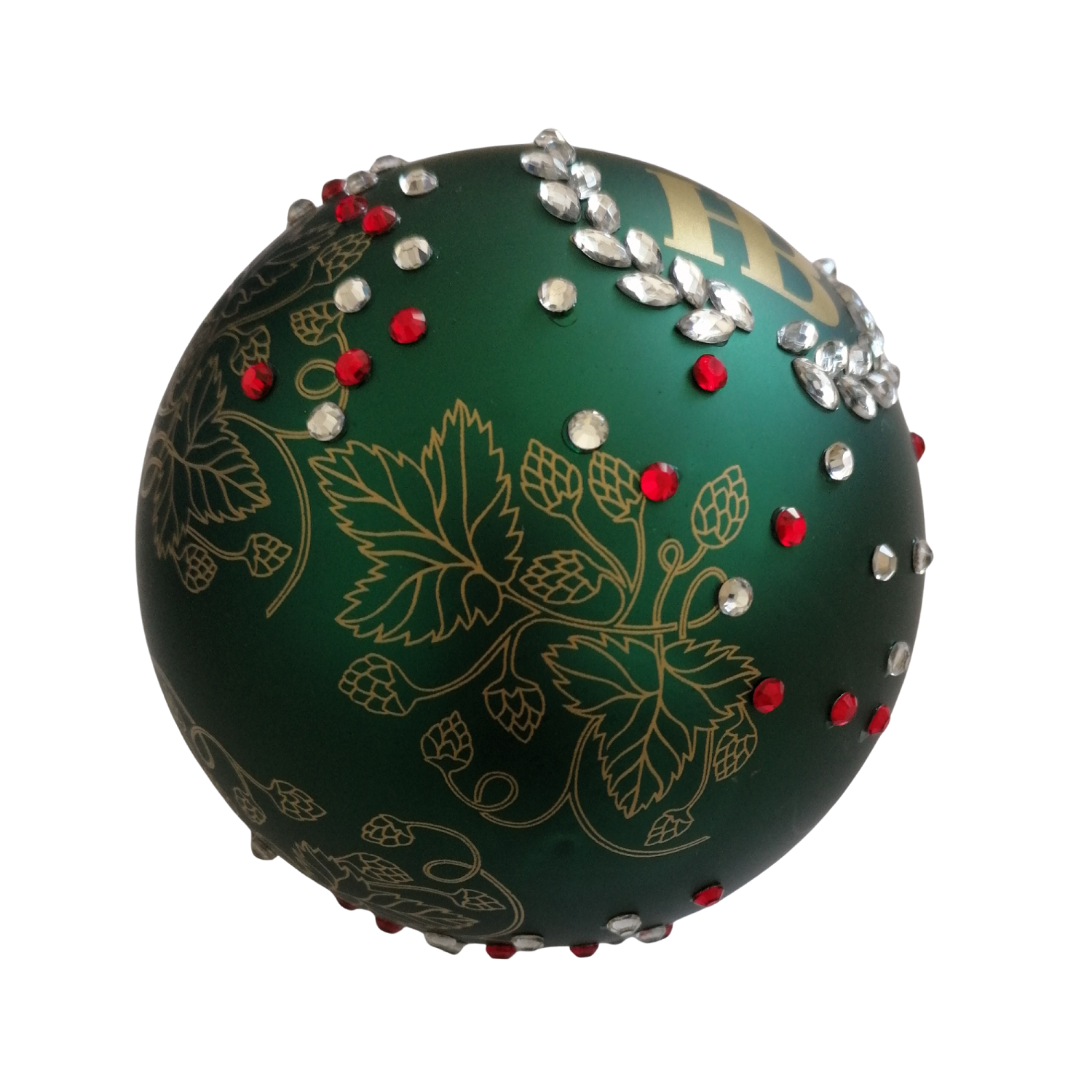 dunkelgrüne Weihnachtskugel mit Strassteinen und aufgedruckten Hopfenmotiv in gold