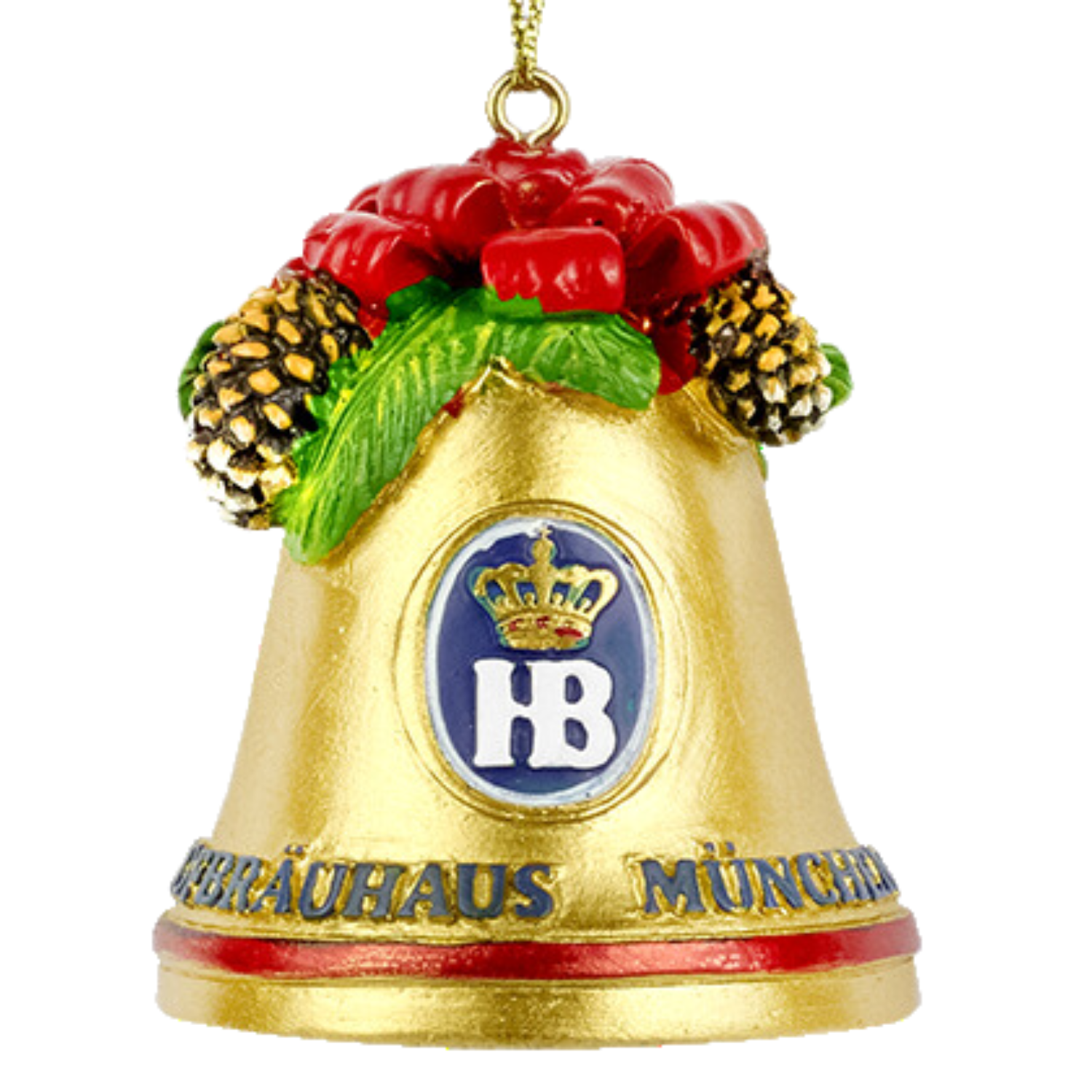 „Christbaumschmuck in Form einer goldenen Glocke mit roten und grünen Verzierungen aus Tannenzapfen und Stechpalmenblättern. In der Mitte befindet sich ein blau-weißes Emblem mit Krone und den Buchstaben ‚HB‘. Am unteren Rand steht ‚HOFBRÄUHAUS MÜNCHEN‘ a