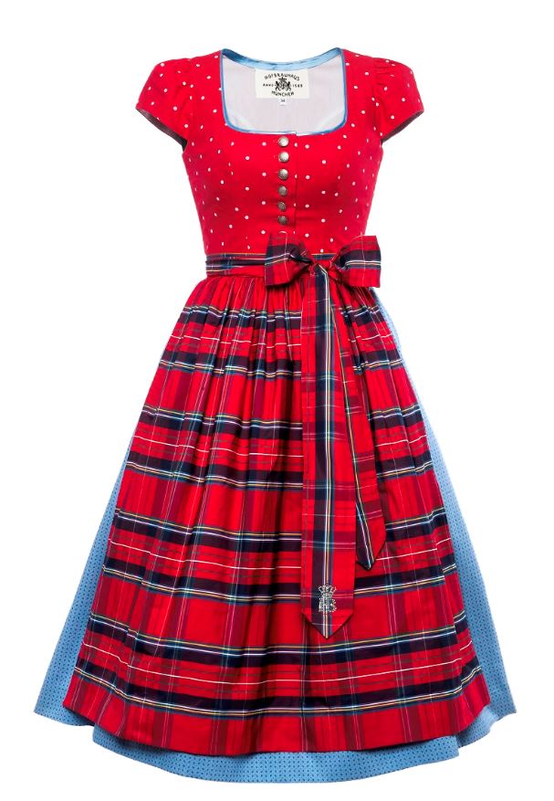 Freigestelltes Oktoberfest-Dirndl: rotes Oberteil mit weißen Punkten und silbernen Knöpfen, karierte Schürze in Rot-Blau mit Schleife und Strassdetail, blauer Rockunterstoff.