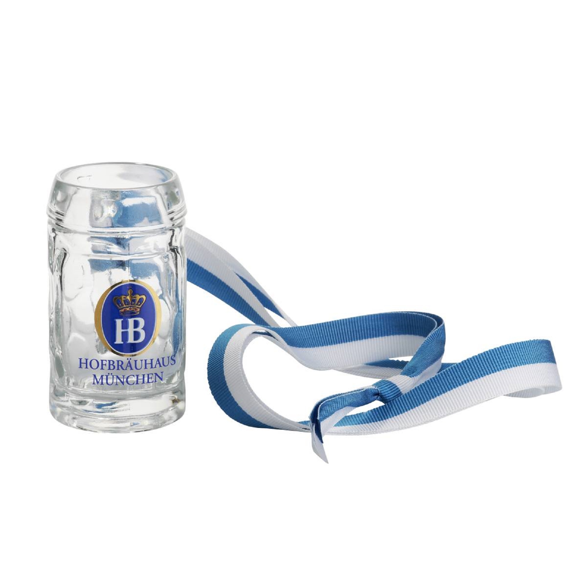 Kleiner Maßkrug aus Glas mit Hofbräuhaus München Logo und blau-weißem Band